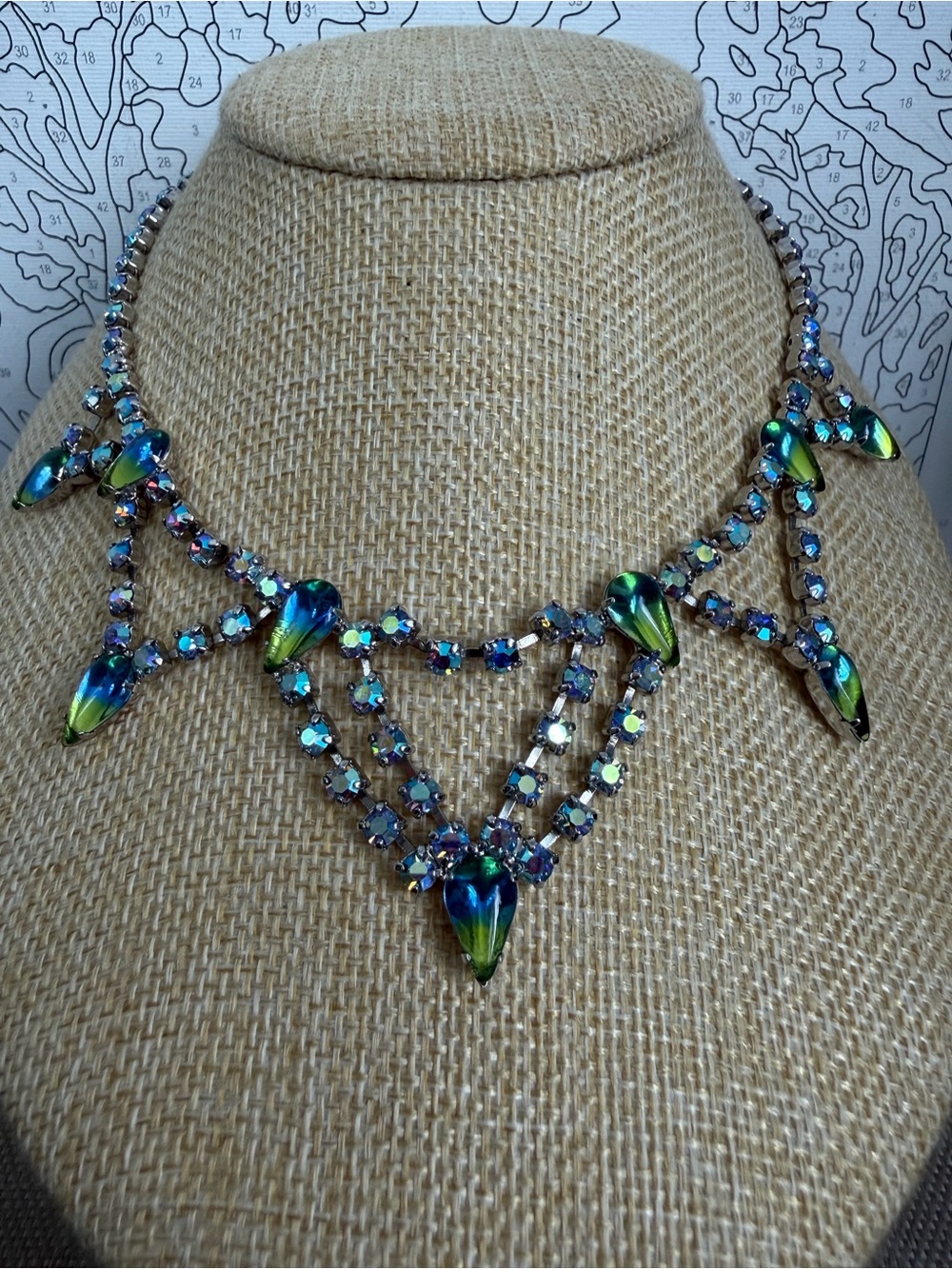 Iridescent Blue-Green Teardrop Crystal Statement Necklace
